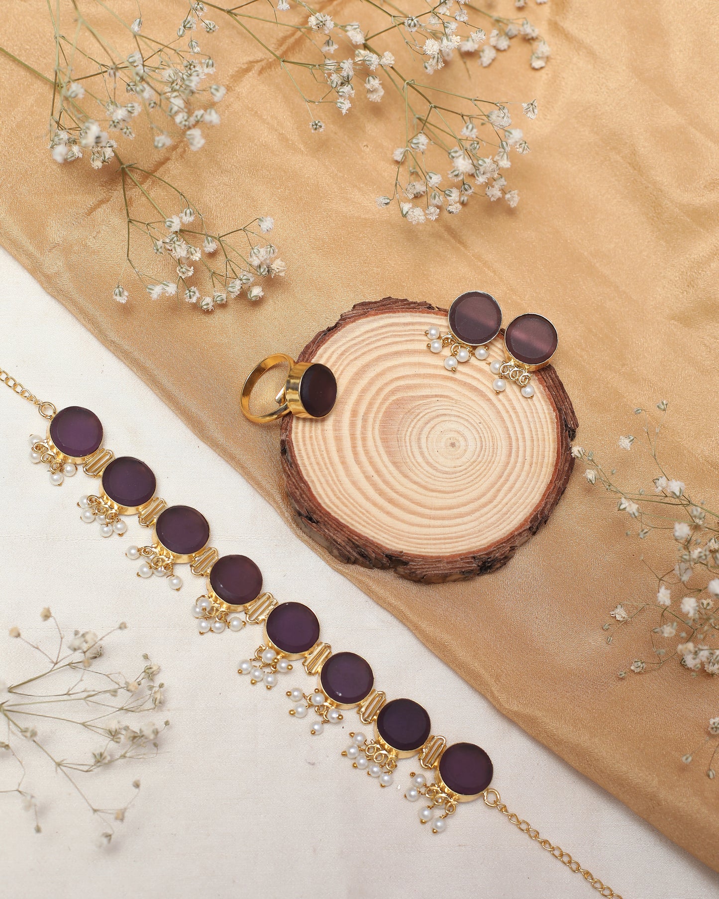 Raw Stone with Cluster of pearl Necklace / choker with Stud and Ring