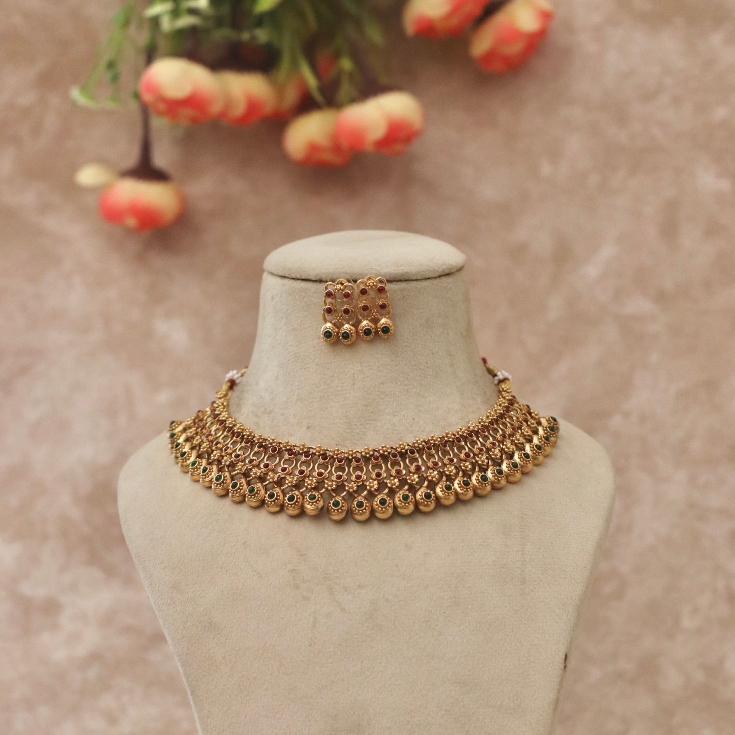 Traditional Red&Green Stone Necklace Set