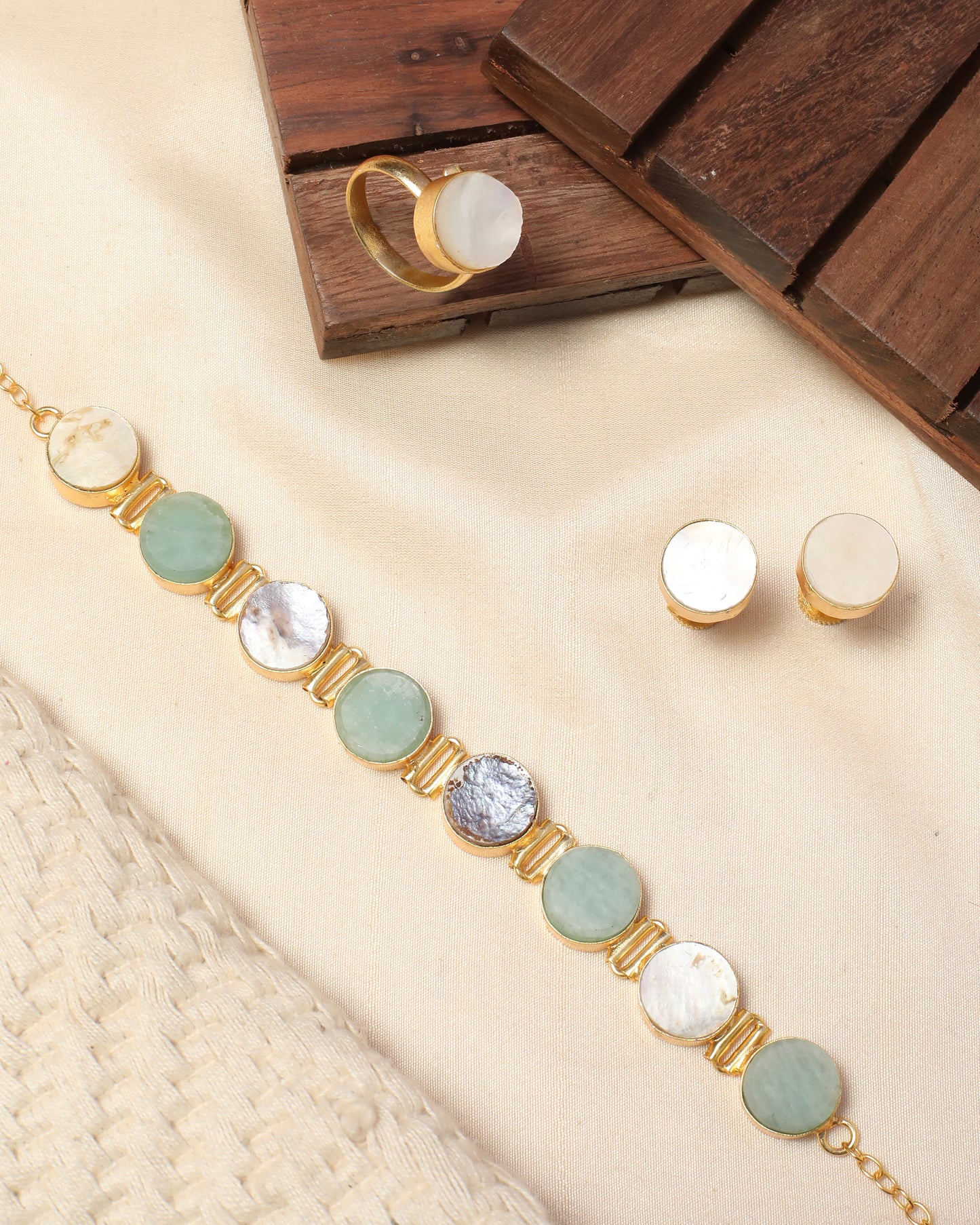 Combo Raw and Mop Stone Necklace / choker with Stud and Ring