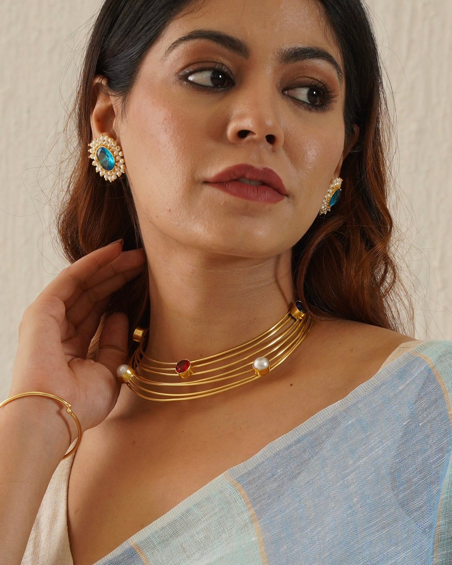 Pearl and Glossy stone 7 Layer Neck Cuff