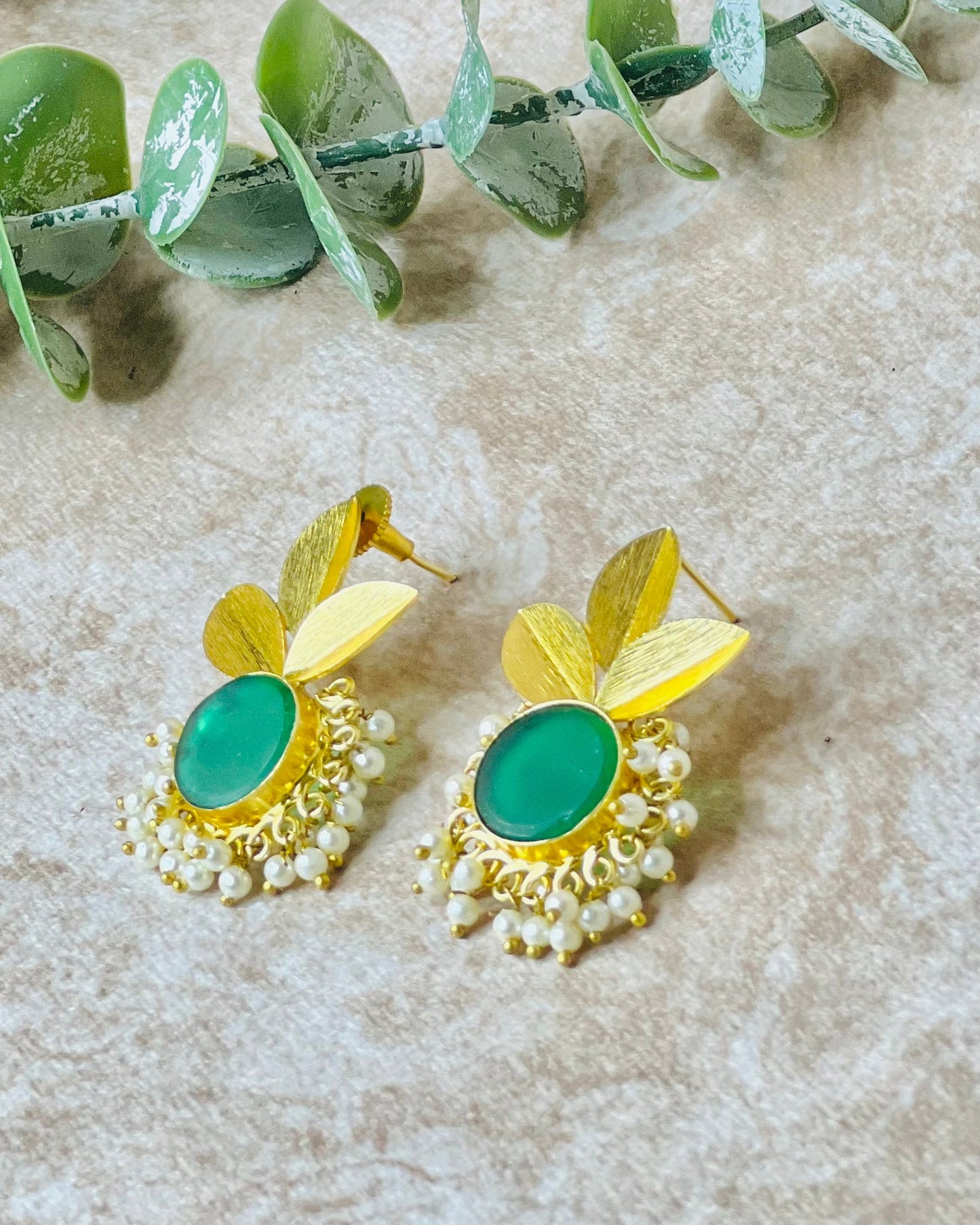 Three leaf and Green stone with pearl Earring