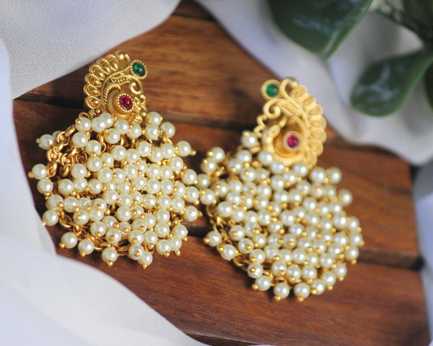 Ruby and Green cluster Pearl Earring