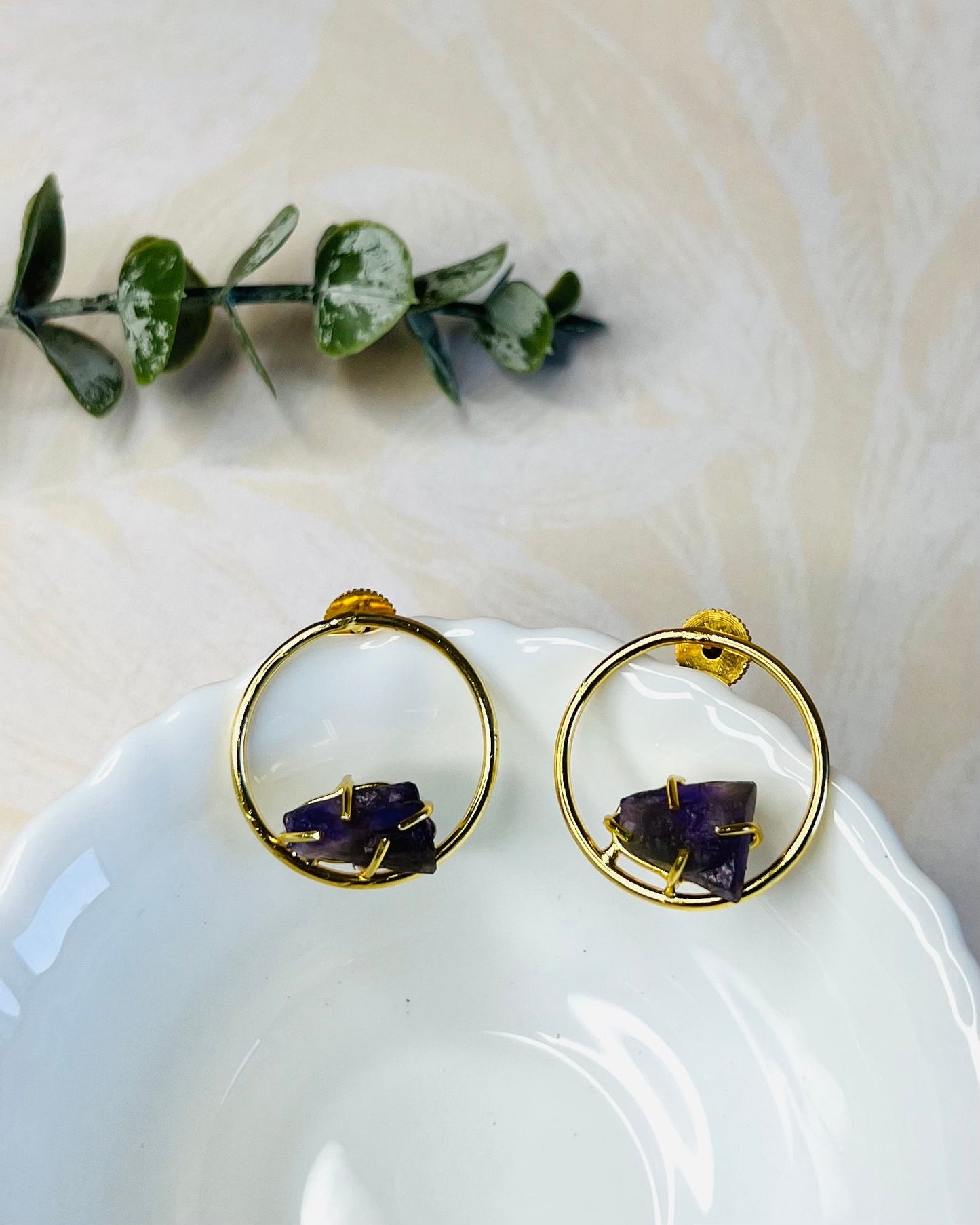 Megna Golden Circle Raw Stone Stud