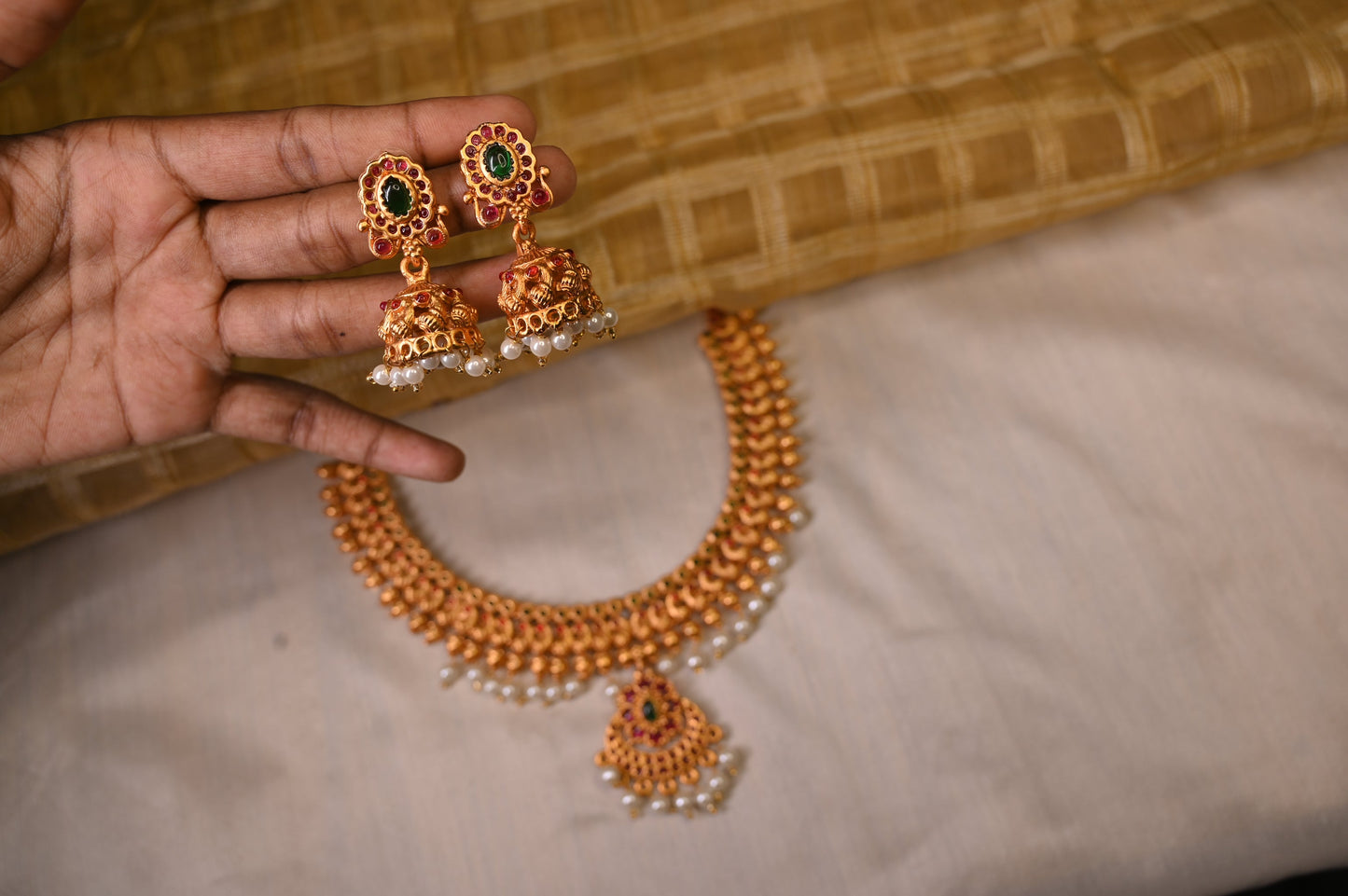 Ruby and Green Traditional stone Necklace Set