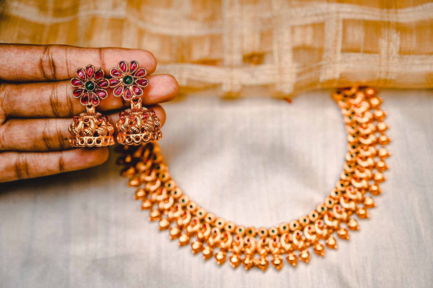 Ruby and Green Traditional stone Necklace Set