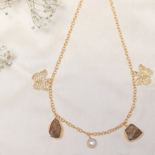 Mayra Raw stone + Mop + Butterfly necklace