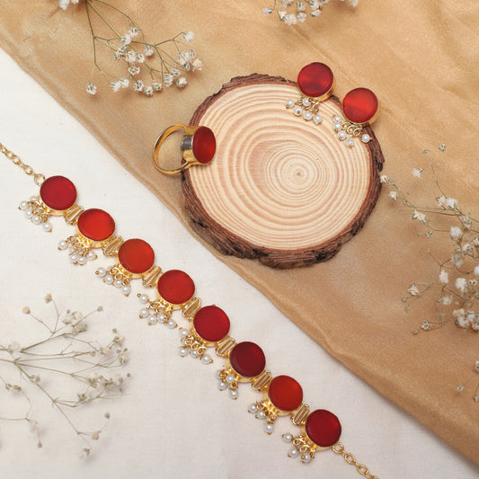 Raw Stone with Cluster of pearl Necklace / choker with Stud and Ring
