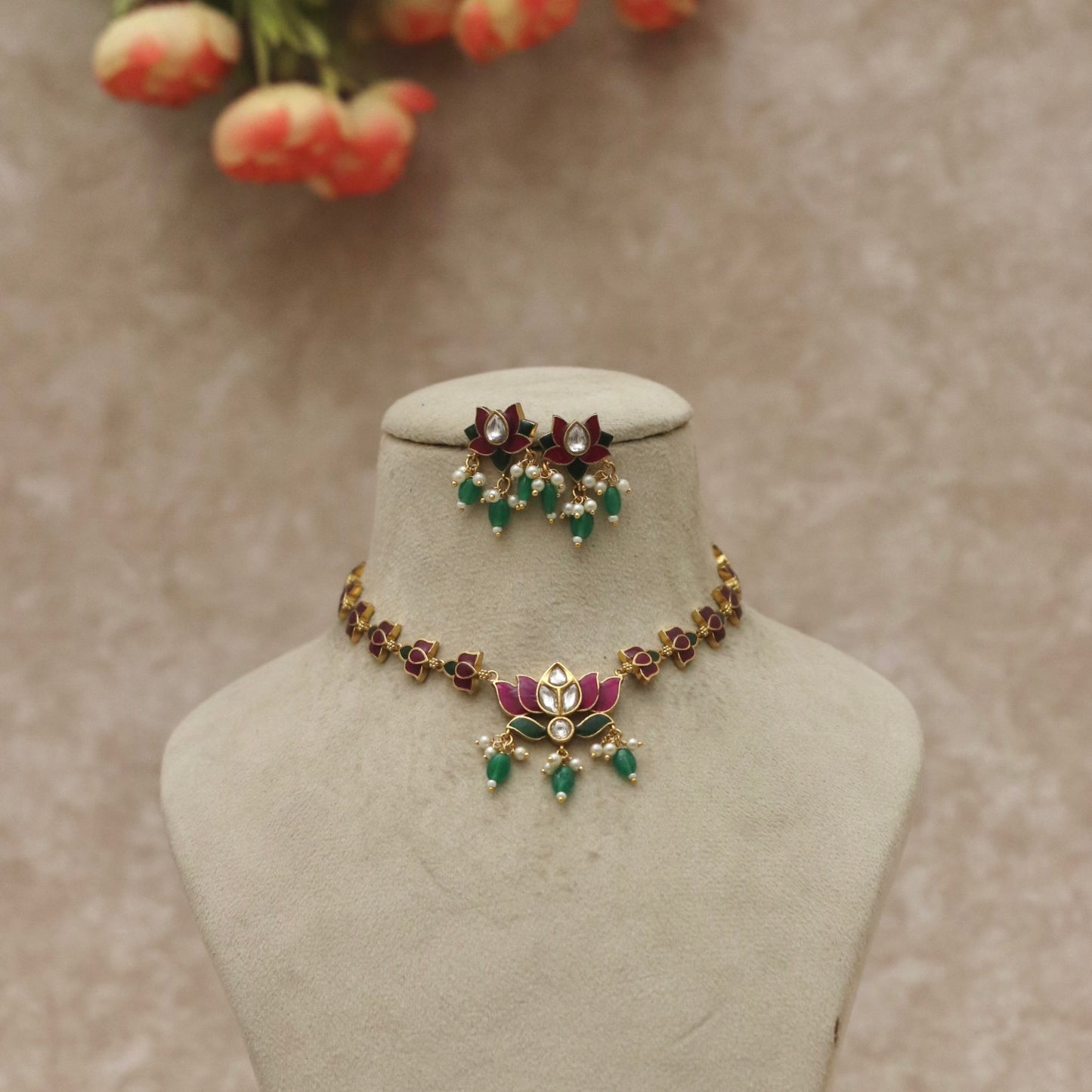 Pink & Green Lotus Necklace Set