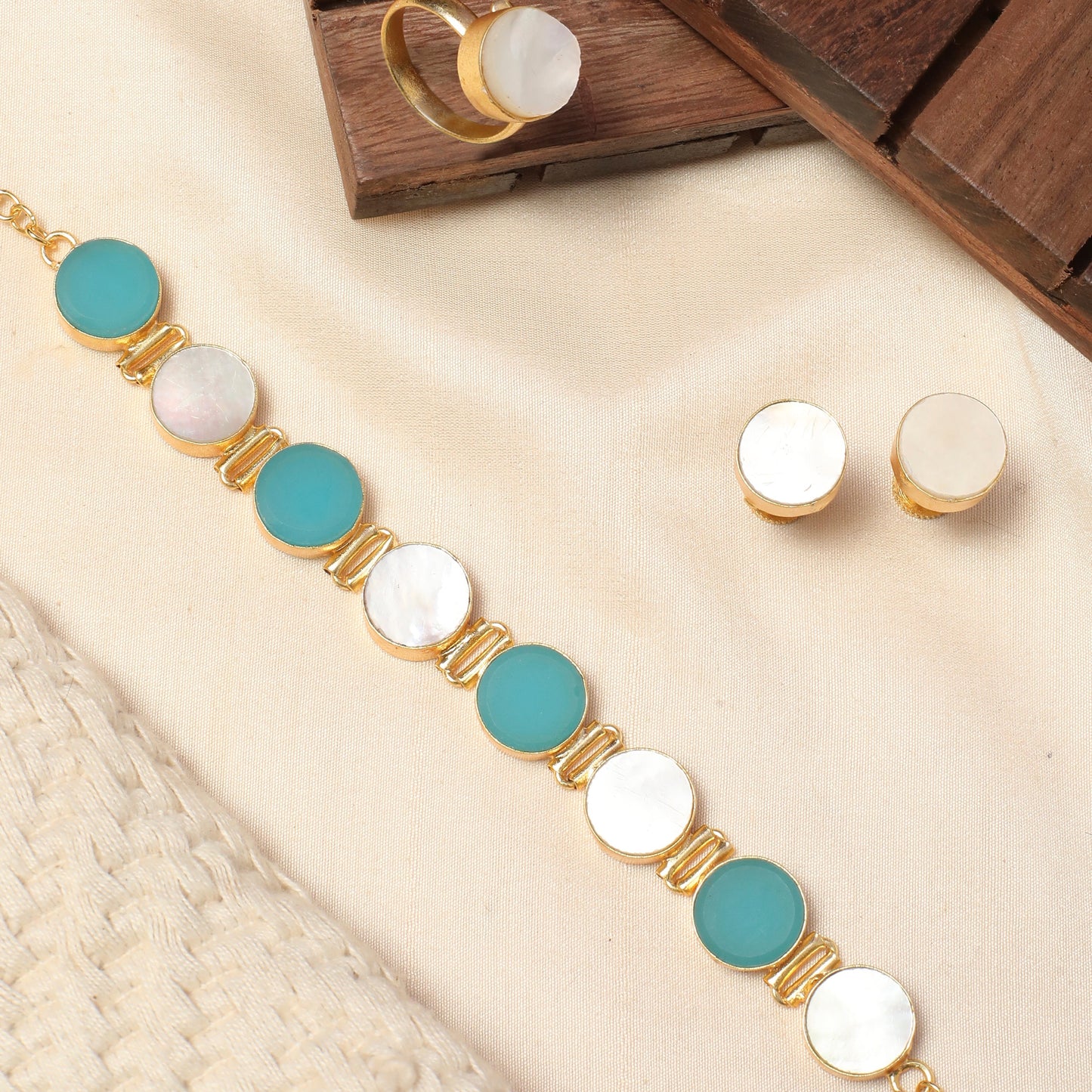 Combo Raw and Mop Stone Necklace / choker with Stud and Ring