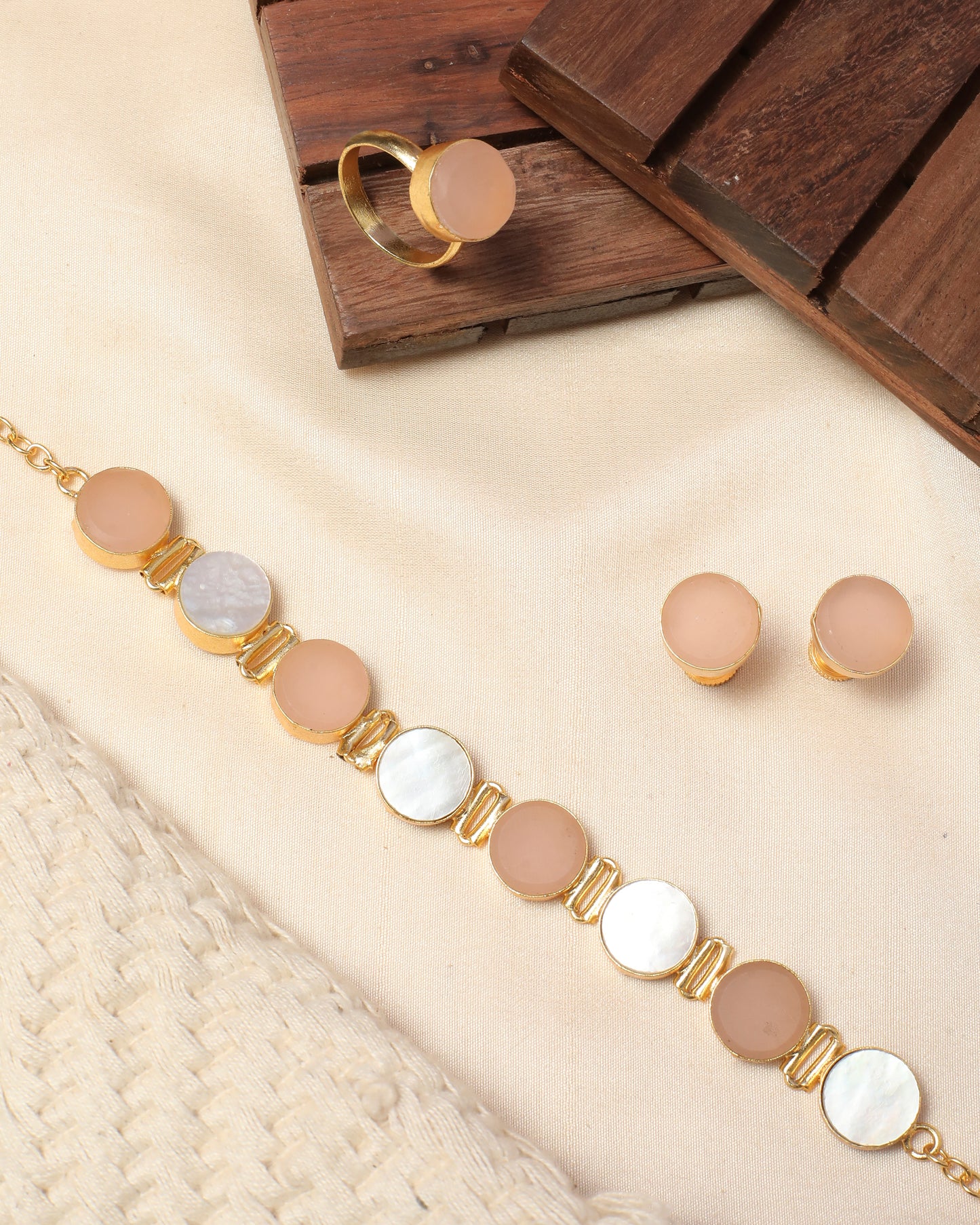 Combo Raw and Mop Stone Necklace / choker with Stud and Ring