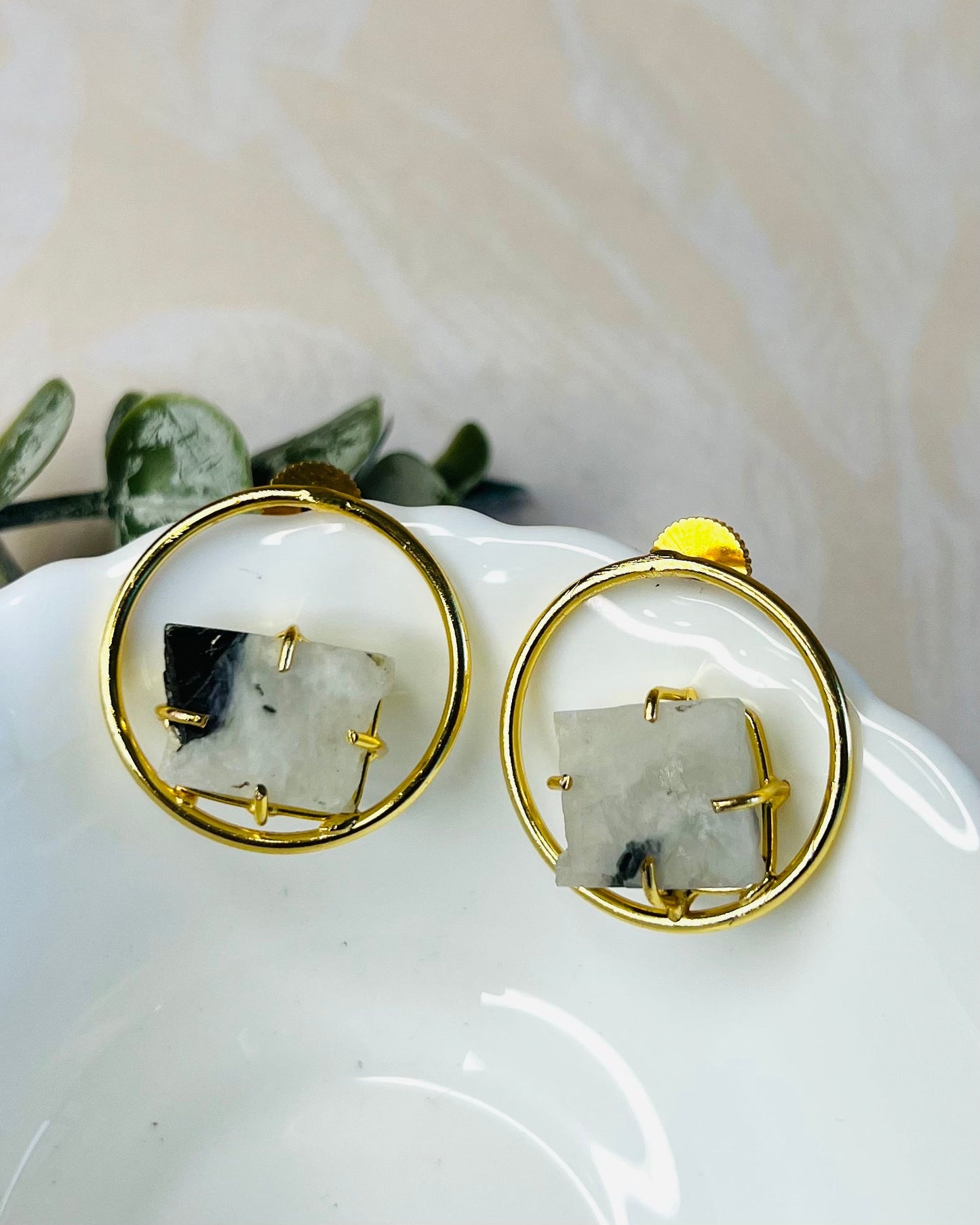 Megna Golden Circle Raw Stone Stud