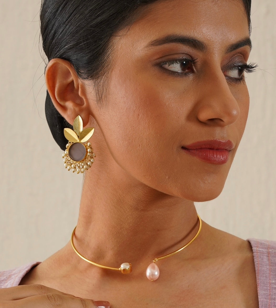 Three leaf and lavender stone with pearl Earring