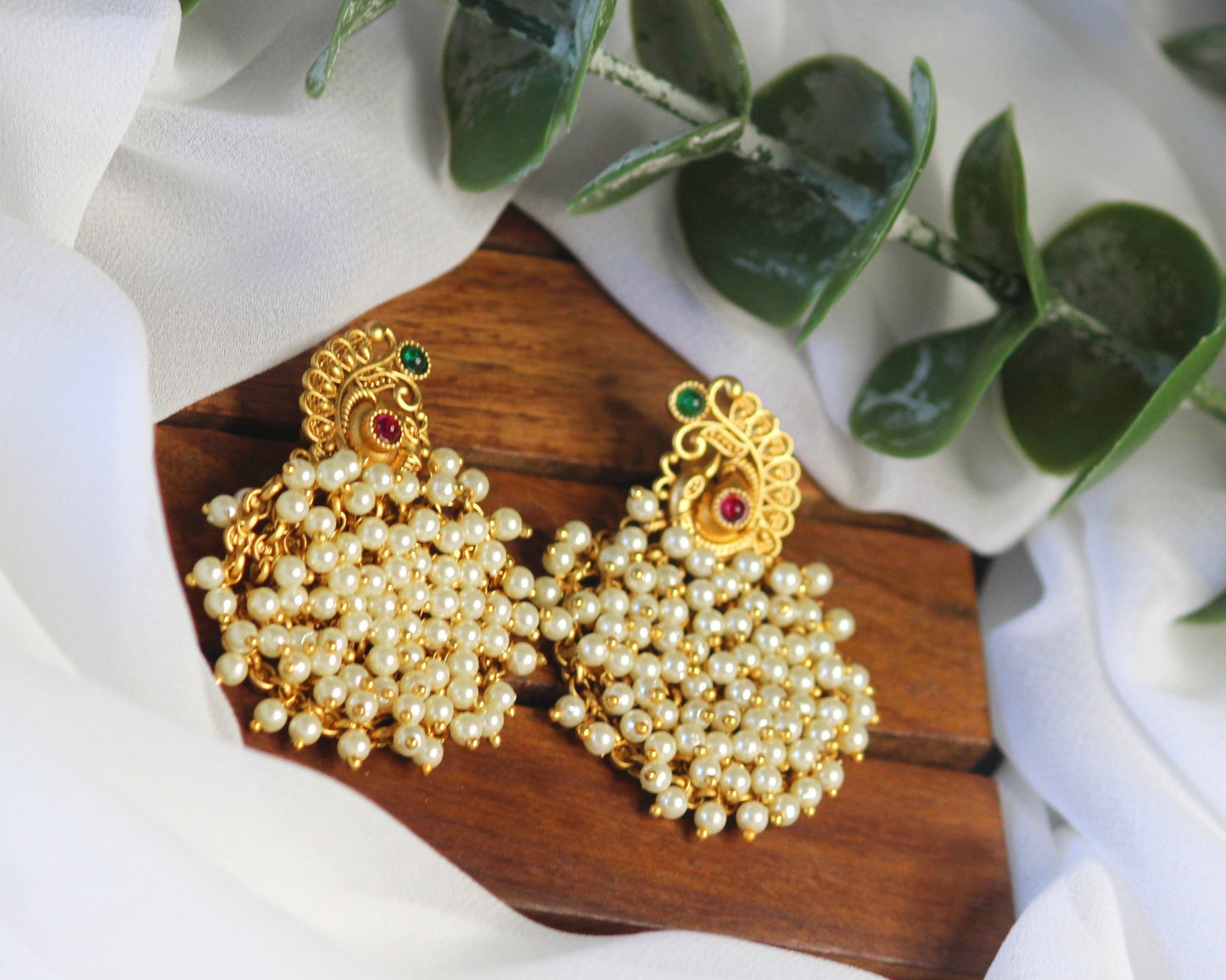 Ruby and Green cluster Pearl Earring
