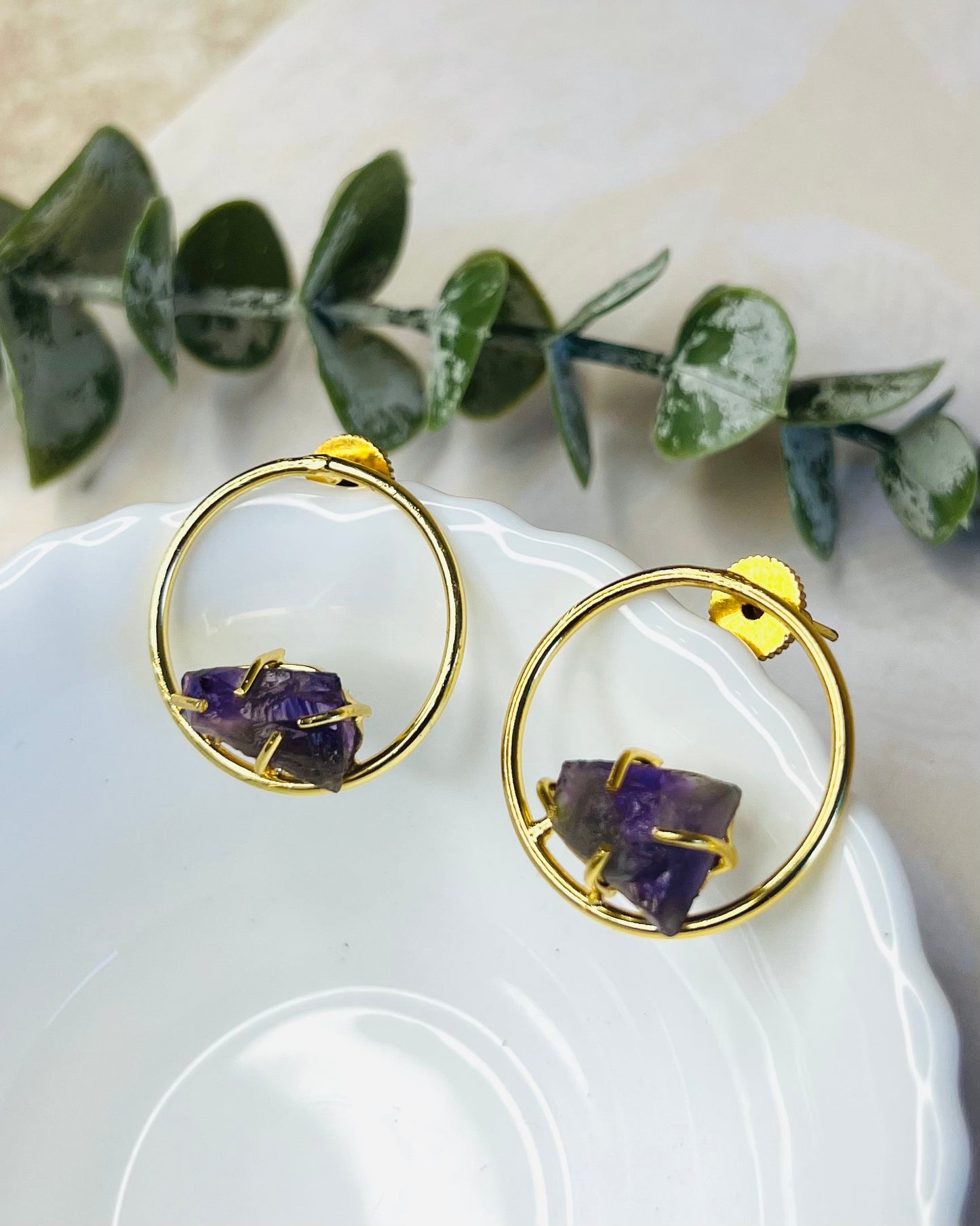 Megna Golden Circle Raw Stone Stud