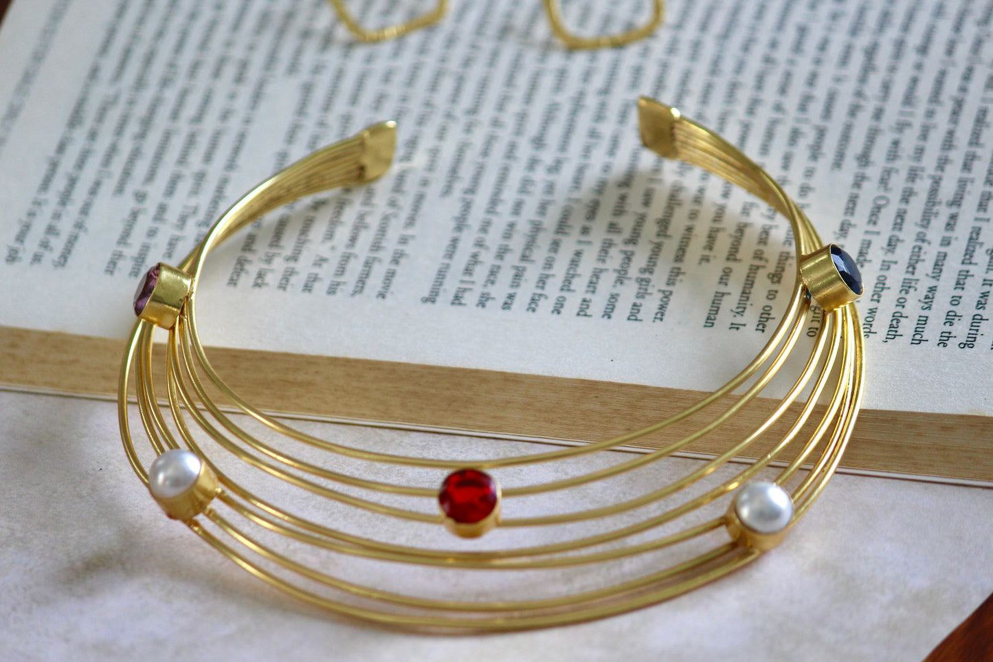 Pearl and Glossy stone 7 Layer Neck Cuff