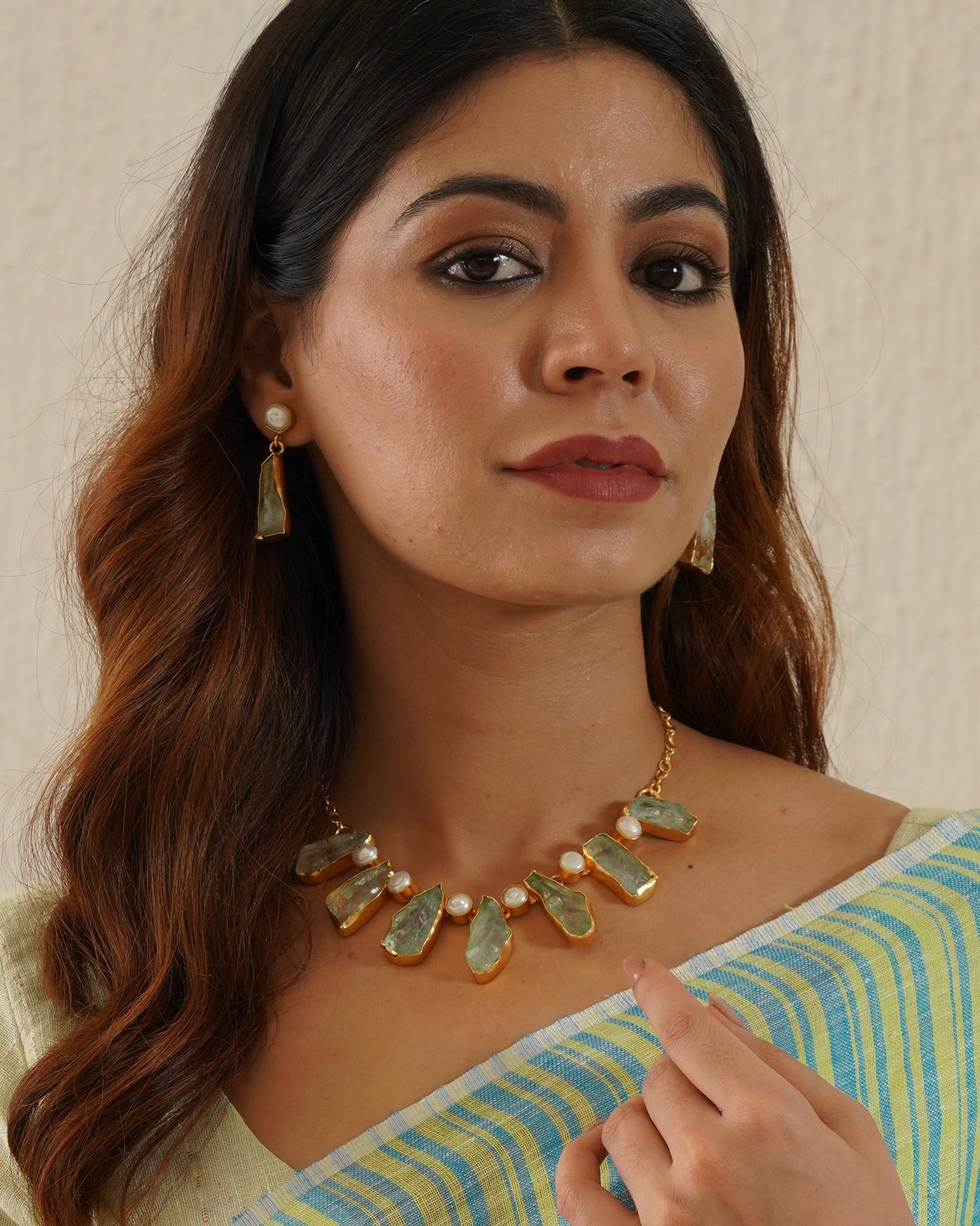 Baby Blue Raw Stone and Mop Necklace with Earring