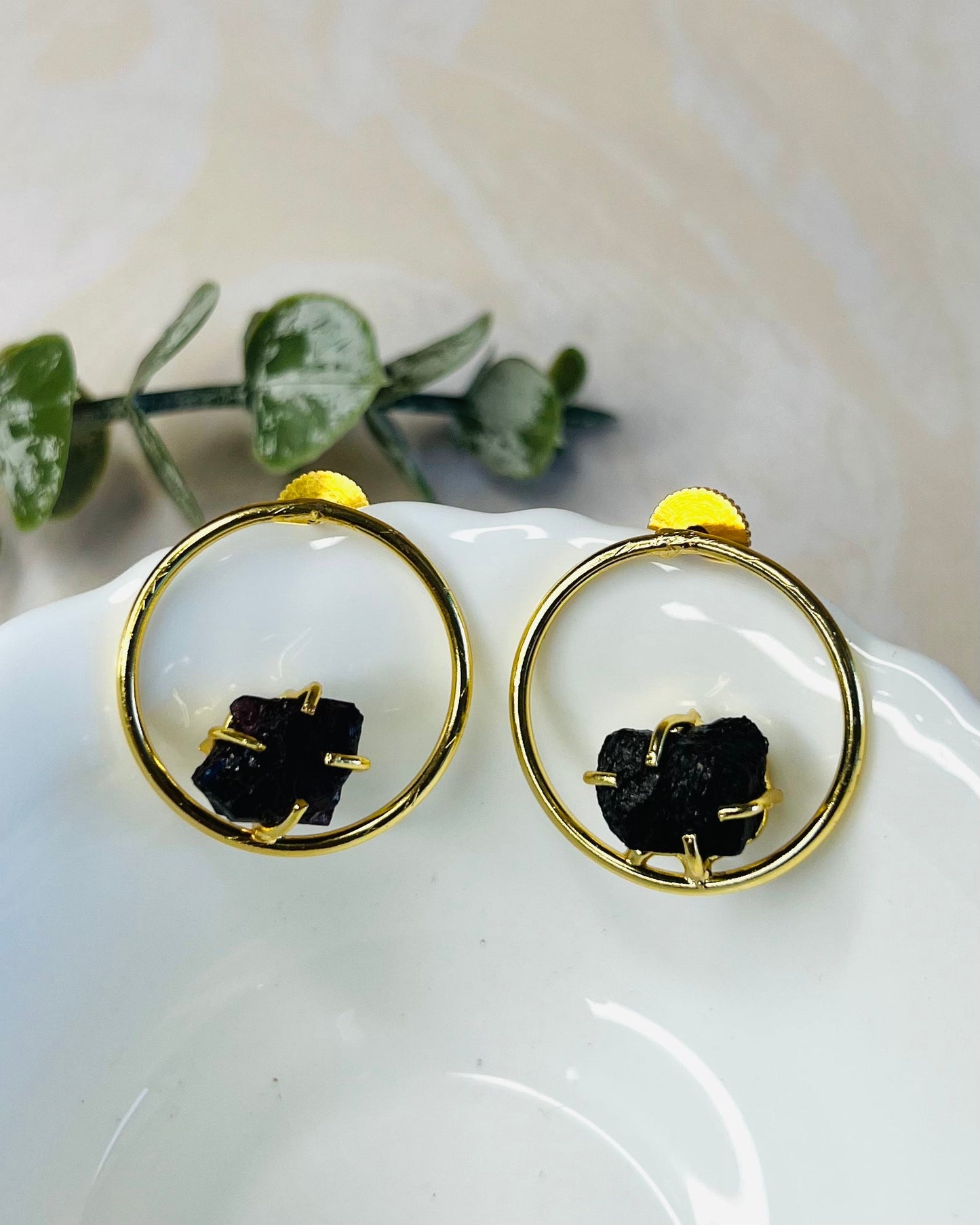 Megna Golden Circle Raw Stone Stud