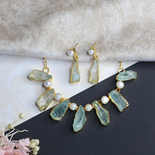 Baby Blue Raw Stone and Mop Necklace with Earring